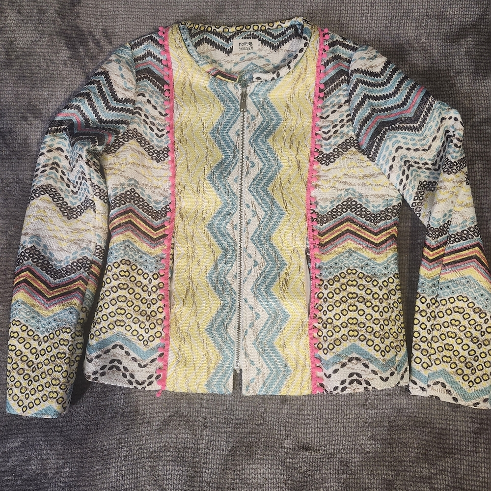 Holly Bracken Womens Jacket XS Pink Yellow Blue Chevron Metallic Pom-pom Zipper